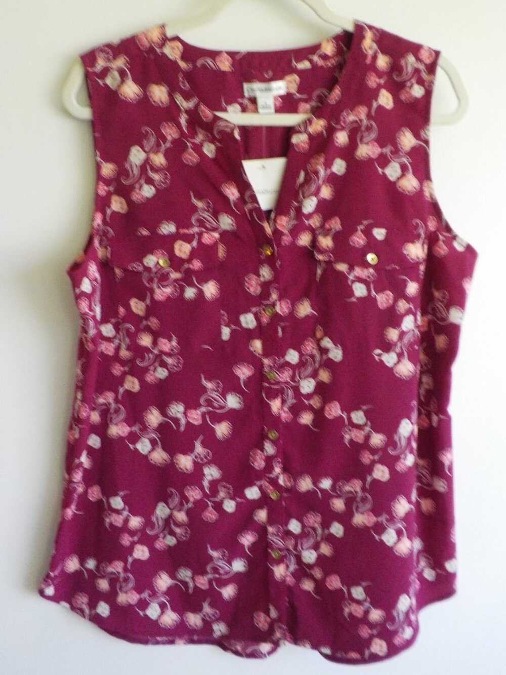 Croft & Barrow Blouse - Large - NWT Fuchsia Flower Sleeveless Button Up (2596)